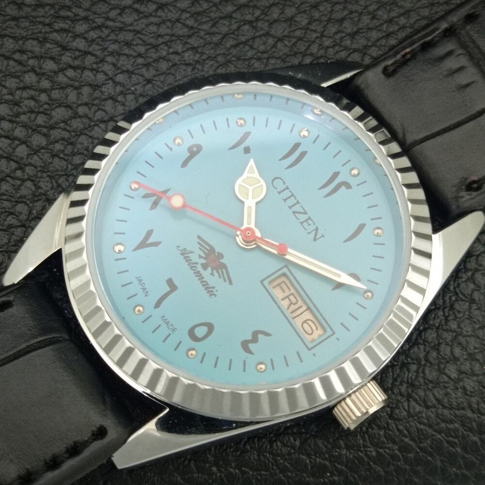 Vintage 1986 Citizen Automatic Mens Silver Watch W/daydate & Blue accents - Picture 6 of 10